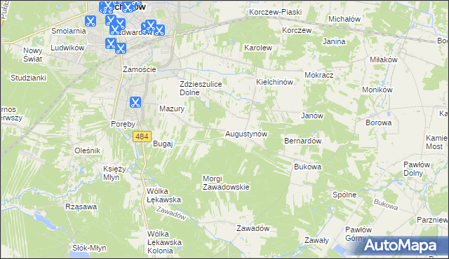 mapa Augustynów gmina Bełchatów, Augustynów gmina Bełchatów na mapie Targeo