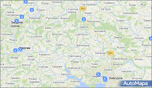 mapa Bieńkowice gmina Dobczyce, Bieńkowice gmina Dobczyce na mapie Targeo