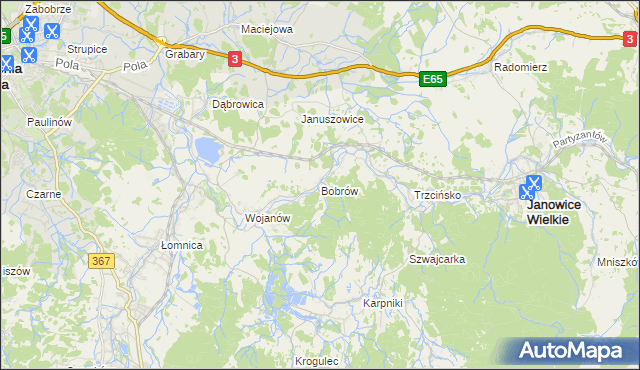 mapa Bobrów gmina Mysłakowice, Bobrów gmina Mysłakowice na mapie Targeo