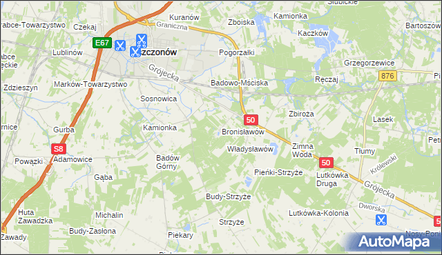 mapa Bronisławów gmina Mszczonów, Bronisławów gmina Mszczonów na mapie Targeo