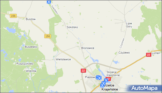 mapa Bronowice gmina Strzelce Krajeńskie, Bronowice gmina Strzelce Krajeńskie na mapie Targeo