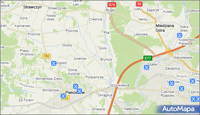 mapa Brynica gmina Piekoszów, Brynica gmina Piekoszów na mapie Targeo