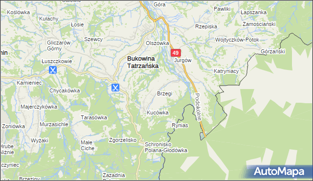 mapa Brzegi gmina Bukowina Tatrzańska, Brzegi gmina Bukowina Tatrzańska na mapie Targeo