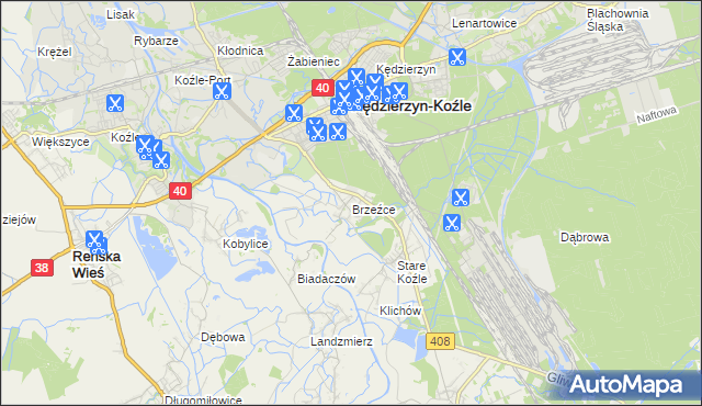 mapa Brzeźce gmina Bierawa, Brzeźce gmina Bierawa na mapie Targeo