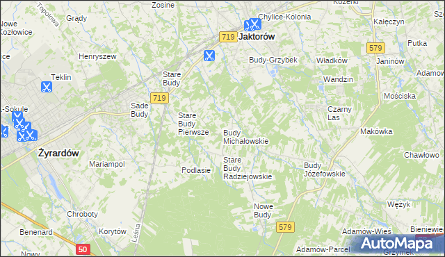 mapa Budy Michałowskie gmina Jaktorów, Budy Michałowskie gmina Jaktorów na mapie Targeo
