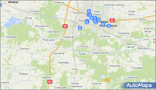 mapa Chochół gmina Mińsk Mazowiecki, Chochół gmina Mińsk Mazowiecki na mapie Targeo