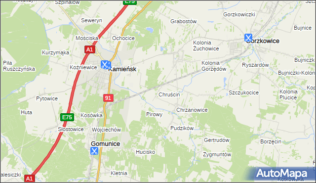 mapa Chruścin gmina Gomunice, Chruścin gmina Gomunice na mapie Targeo
