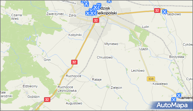 mapa Chrustowo gmina Grodzisk Wielkopolski, Chrustowo gmina Grodzisk Wielkopolski na mapie Targeo