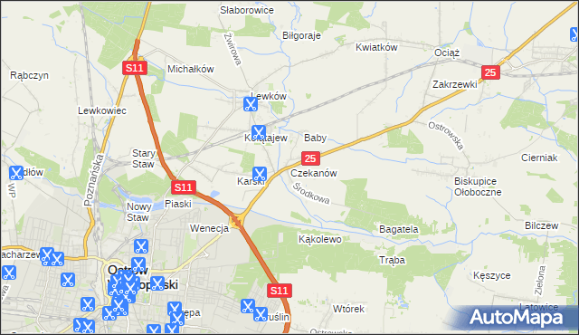 mapa Czekanów gmina Ostrów Wielkopolski, Czekanów gmina Ostrów Wielkopolski na mapie Targeo