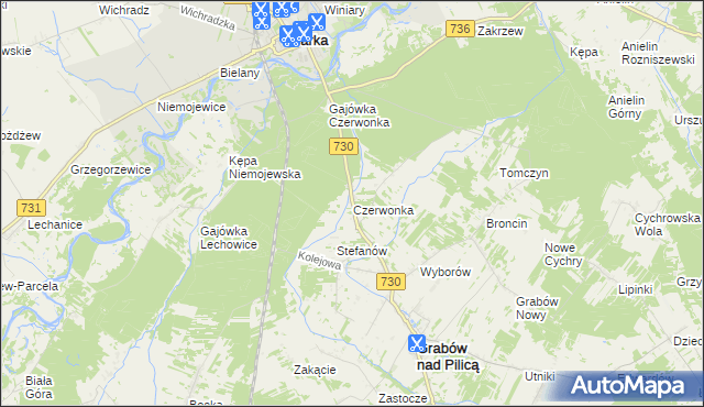 mapa Czerwonka gmina Grabów nad Pilicą, Czerwonka gmina Grabów nad Pilicą na mapie Targeo
