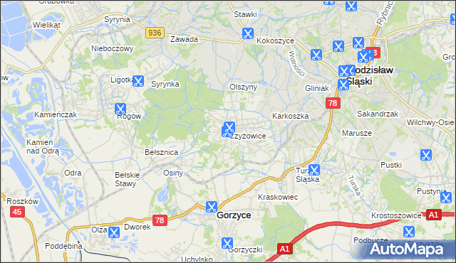 mapa Czyżowice gmina Gorzyce, Czyżowice gmina Gorzyce na mapie Targeo