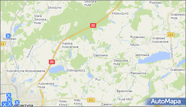 mapa Dąbrówka gmina Kościerzyna, Dąbrówka gmina Kościerzyna na mapie Targeo