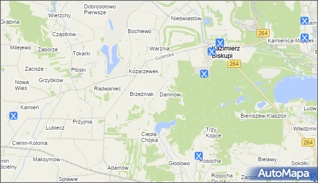 mapa Daninów gmina Kazimierz Biskupi, Daninów gmina Kazimierz Biskupi na mapie Targeo