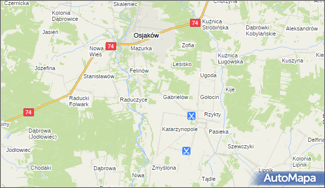 mapa Gabrielów gmina Osjaków, Gabrielów gmina Osjaków na mapie Targeo