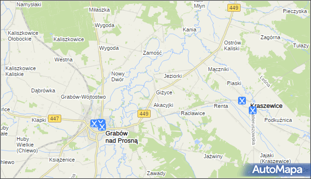 mapa Giżyce gmina Grabów nad Prosną, Giżyce gmina Grabów nad Prosną na mapie Targeo