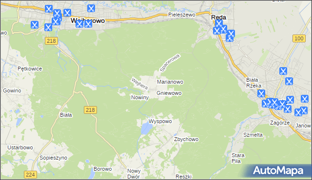 mapa Gniewowo gmina Wejherowo, Gniewowo gmina Wejherowo na mapie Targeo
