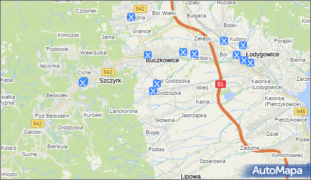 mapa Godziszka gmina Buczkowice, Godziszka gmina Buczkowice na mapie Targeo