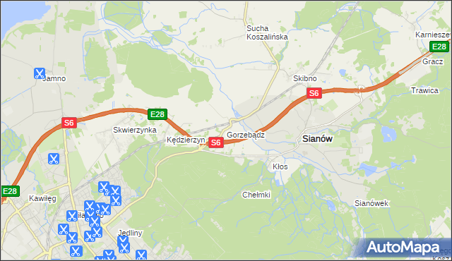 mapa Gorzebądz gmina Sianów, Gorzebądz gmina Sianów na mapie Targeo