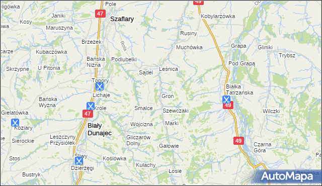 mapa Groń gmina Bukowina Tatrzańska, Groń gmina Bukowina Tatrzańska na mapie Targeo