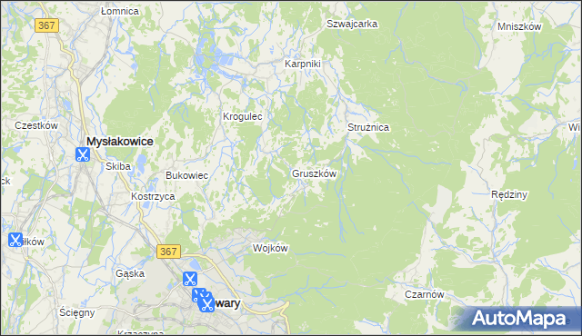 mapa Gruszków gmina Mysłakowice, Gruszków gmina Mysłakowice na mapie Targeo