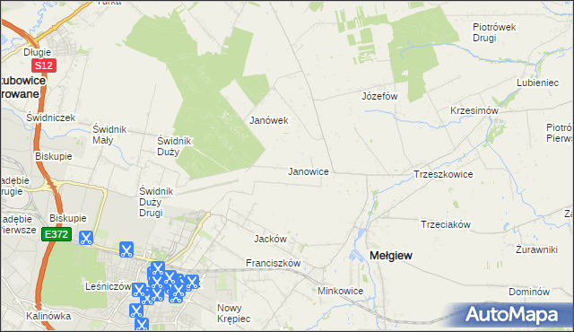 mapa Janowice gmina Mełgiew, Janowice gmina Mełgiew na mapie Targeo