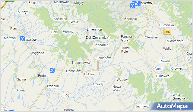 mapa Jasionów gmina Haczów, Jasionów gmina Haczów na mapie Targeo