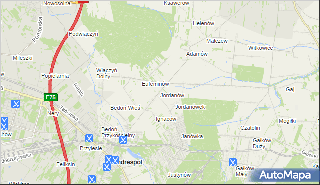 mapa Jordanów gmina Brzeziny, Jordanów gmina Brzeziny na mapie Targeo