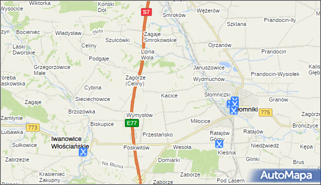mapa Kacice gmina Słomniki, Kacice gmina Słomniki na mapie Targeo