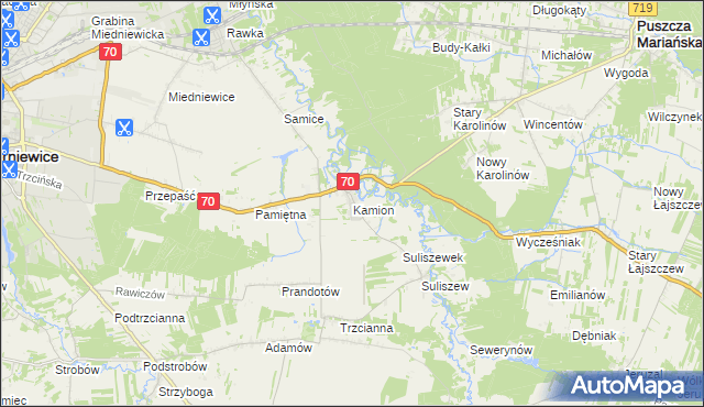 mapa Kamion gmina Puszcza Mariańska, Kamion gmina Puszcza Mariańska na mapie Targeo