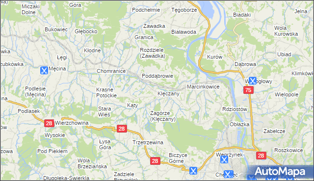 mapa Klęczany gmina Chełmiec, Klęczany gmina Chełmiec na mapie Targeo