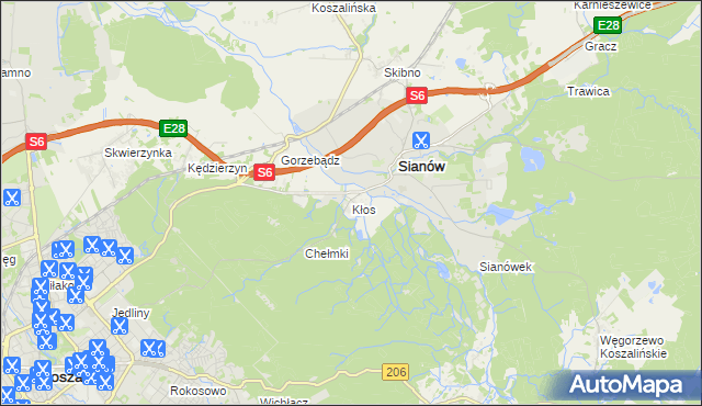 mapa Kłos gmina Sianów, Kłos gmina Sianów na mapie Targeo