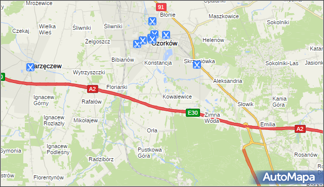 mapa Kowalewice gmina Parzęczew, Kowalewice gmina Parzęczew na mapie Targeo