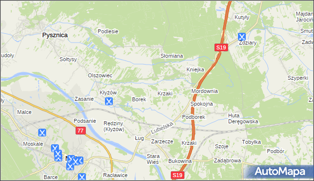 mapa Krzaki gmina Pysznica, Krzaki gmina Pysznica na mapie Targeo