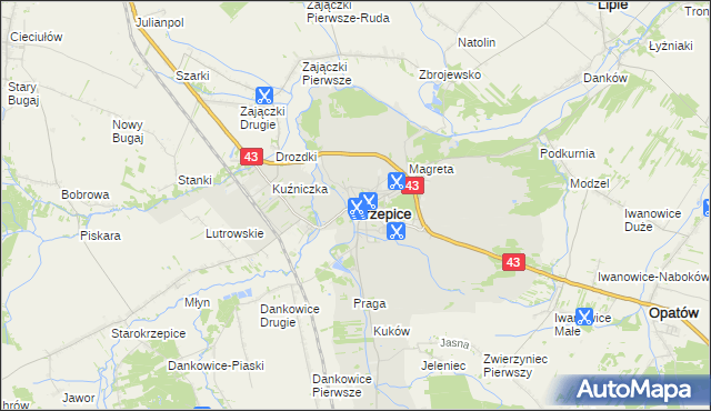 mapa Krzepice powiat kłobucki, Krzepice powiat kłobucki na mapie Targeo