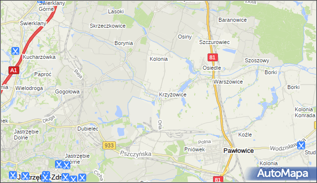 mapa Krzyżowice gmina Pawłowice, Krzyżowice gmina Pawłowice na mapie Targeo