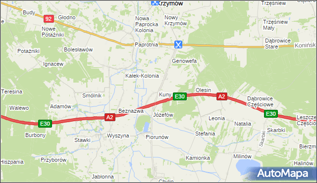 mapa Kuny gmina Władysławów, Kuny gmina Władysławów na mapie Targeo