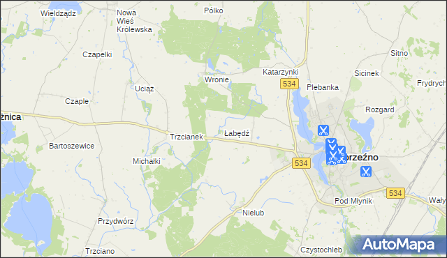 mapa Łabędź gmina Ryńsk, Łabędź gmina Ryńsk na mapie Targeo