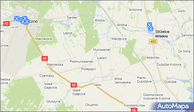 mapa Ładzin gmina Pajęczno, Ładzin gmina Pajęczno na mapie Targeo