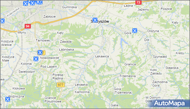 mapa Łękawica gmina Skrzyszów, Łękawica gmina Skrzyszów na mapie Targeo