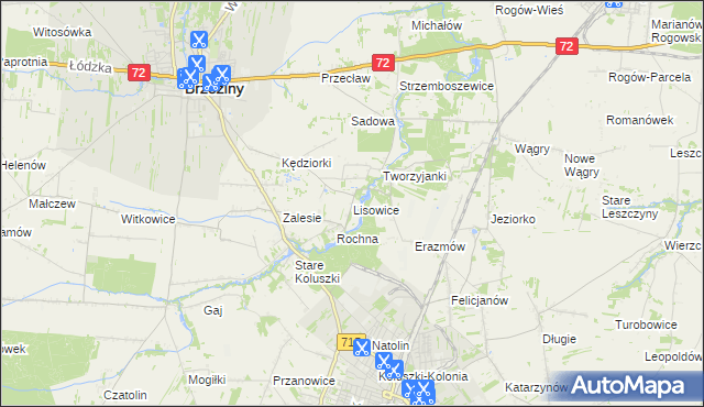 mapa Lisowice gmina Koluszki, Lisowice gmina Koluszki na mapie Targeo