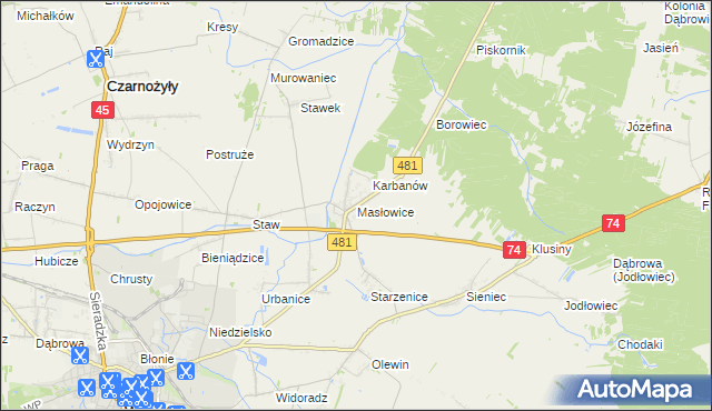 mapa Masłowice gmina Wieluń, Masłowice gmina Wieluń na mapie Targeo