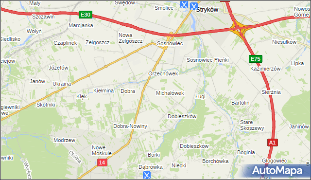 mapa Michałówek gmina Stryków, Michałówek gmina Stryków na mapie Targeo