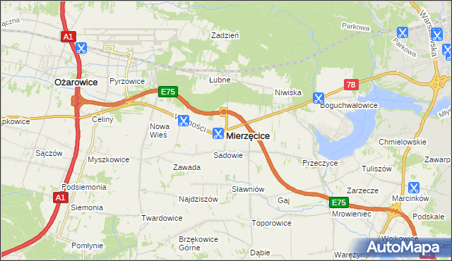 mapa Mierzęcice, Mierzęcice na mapie Targeo