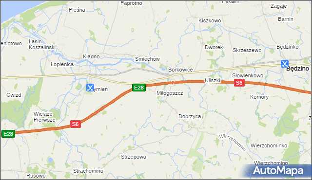 mapa Miłogoszcz gmina Będzino, Miłogoszcz gmina Będzino na mapie Targeo