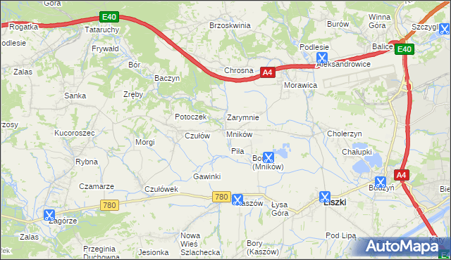 mapa Mników gmina Liszki, Mników gmina Liszki na mapie Targeo
