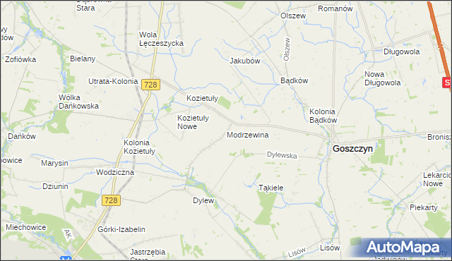 mapa Modrzewina gmina Goszczyn, Modrzewina gmina Goszczyn na mapie Targeo