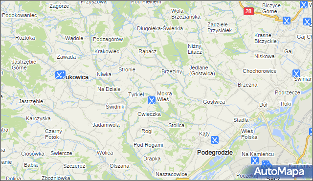 mapa Mokra Wieś gmina Podegrodzie, Mokra Wieś gmina Podegrodzie na mapie Targeo