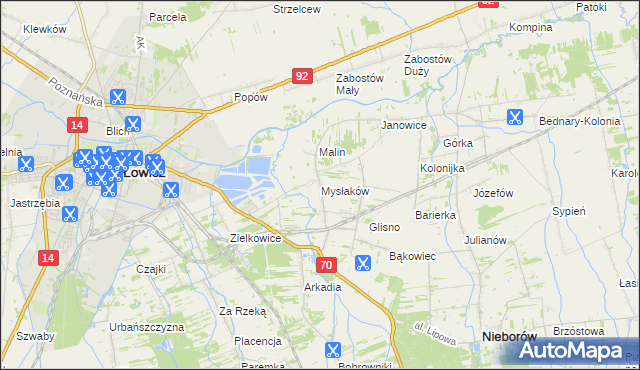 mapa Mysłaków gmina Nieborów, Mysłaków gmina Nieborów na mapie Targeo