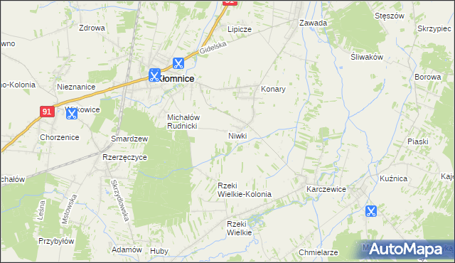 mapa Niwki gmina Kłomnice, Niwki gmina Kłomnice na mapie Targeo