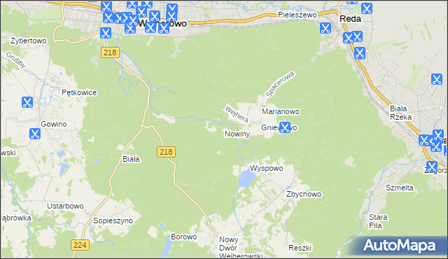 mapa Nowiny gmina Wejherowo, Nowiny gmina Wejherowo na mapie Targeo